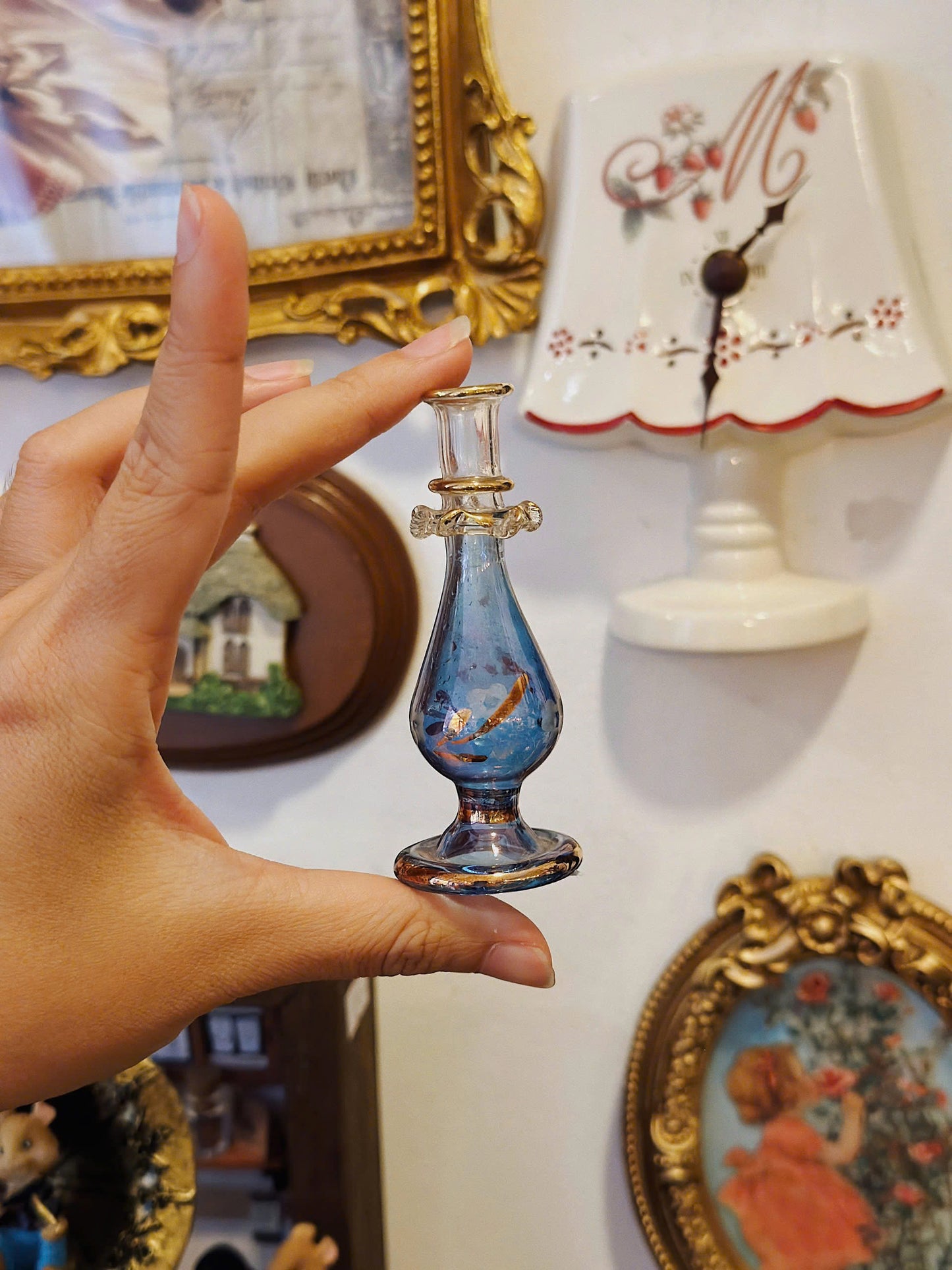 Blue Egyptian Hand Blown & Painted Glass Perfume Bottles Gold Etched