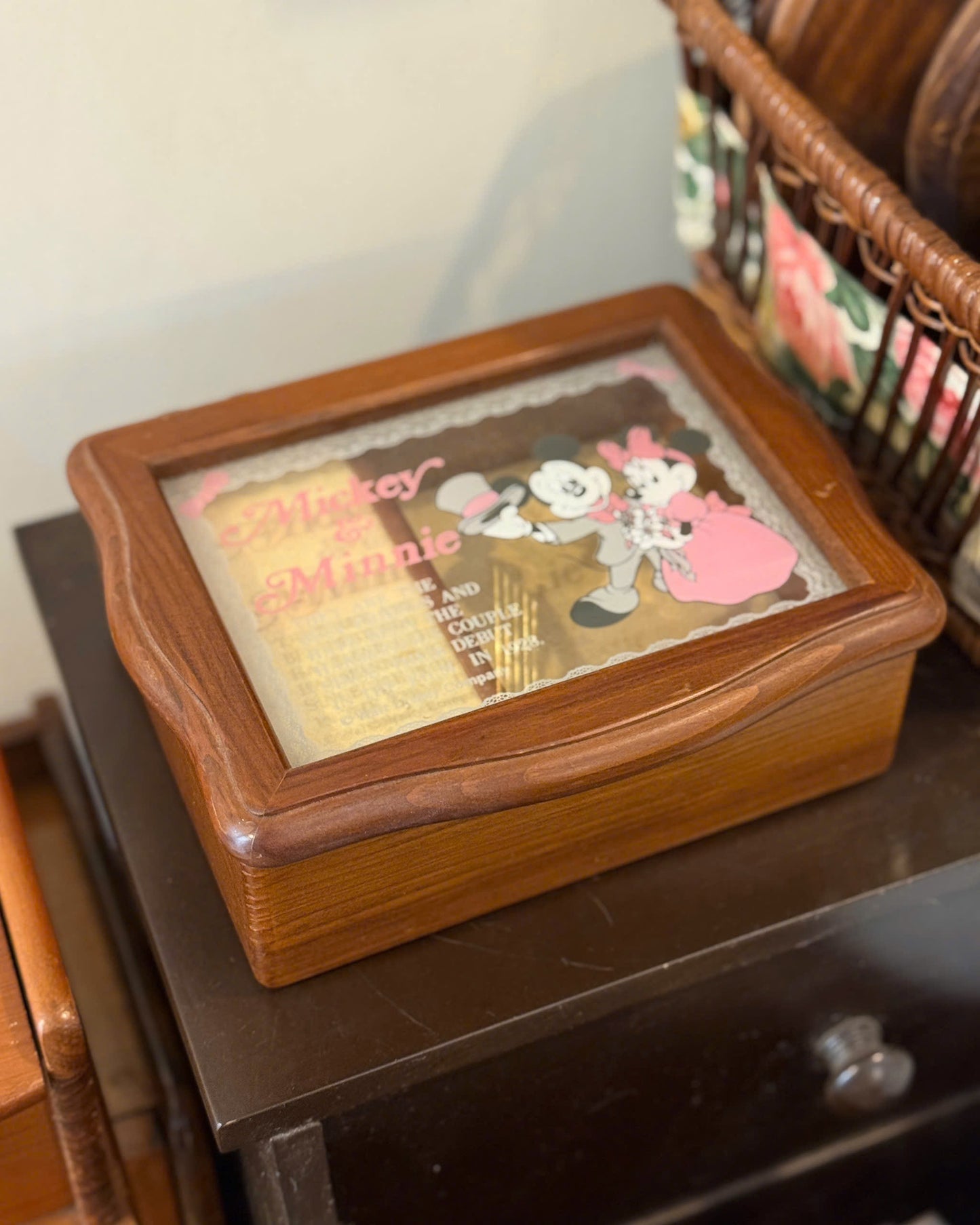 Vintage Mickey & Minnie Wooden Music Box