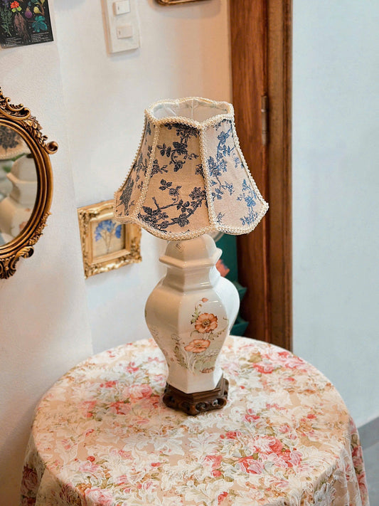 Vintage Flowers Pattern Porcelain Lamp w/Wood Stand - UK Made