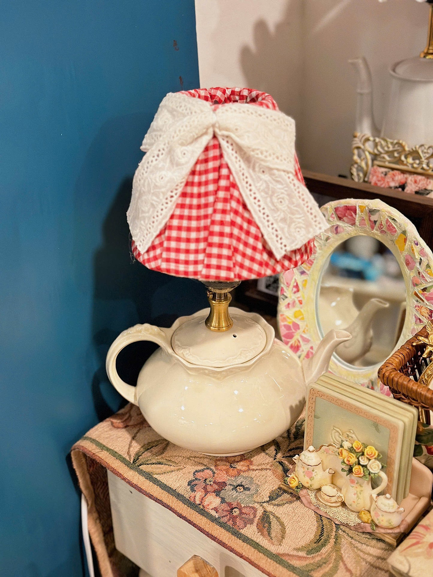 Reworked Creamy White Tea Pot Lamp - Crown Ducel England