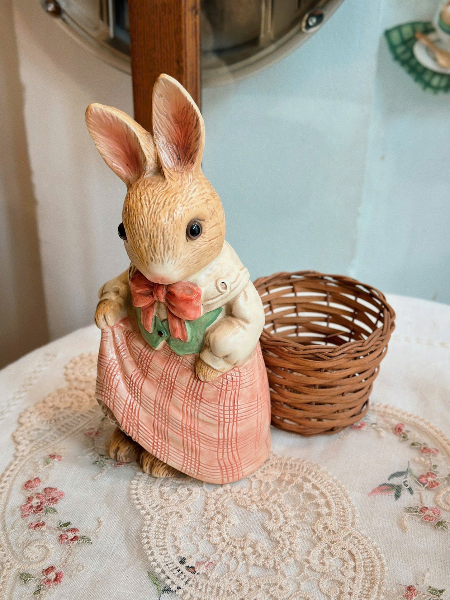 Lovely Rabbits Shaped Ceramic Statue with Basket