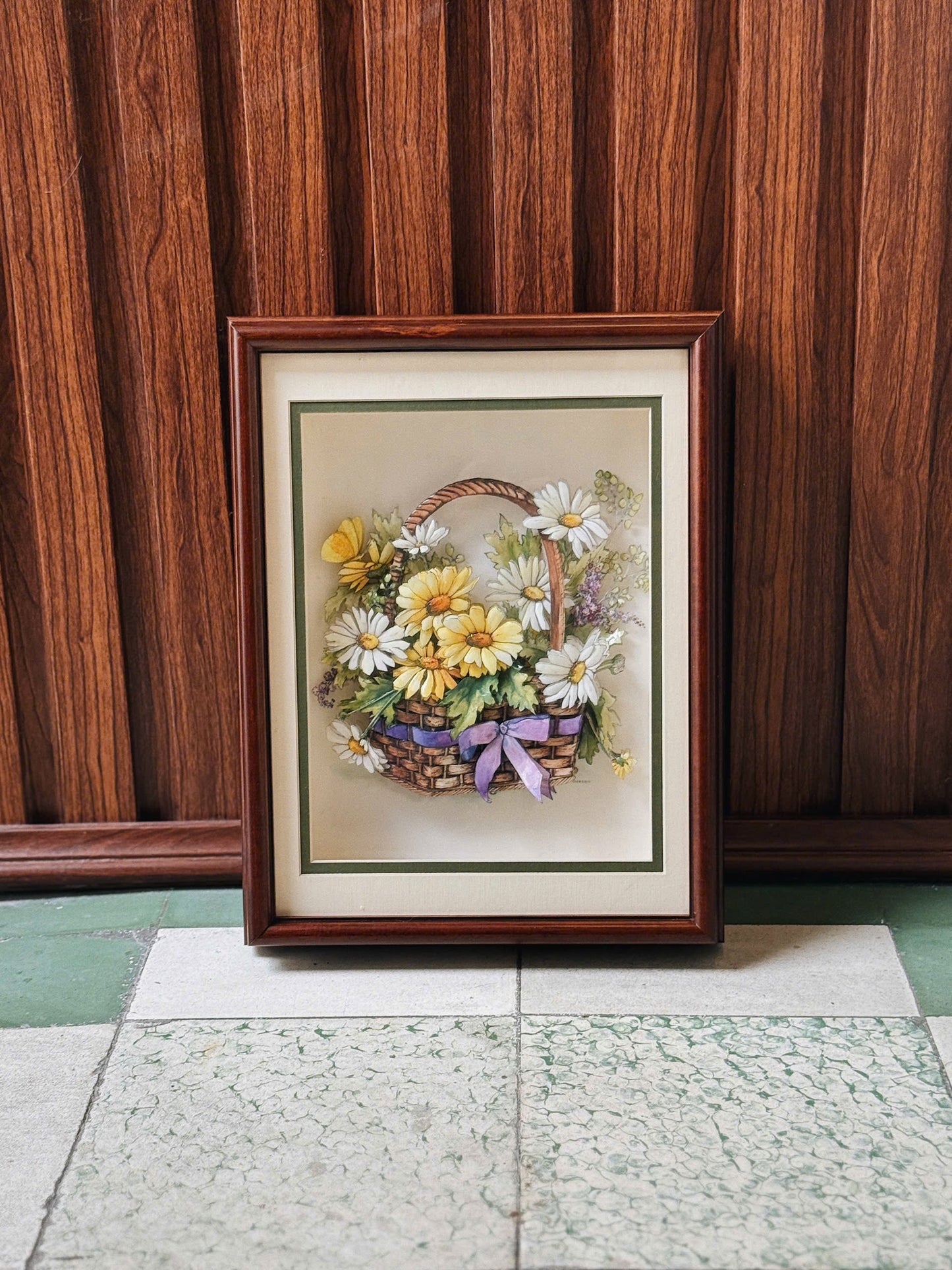 Vintage Flowers Basket Paper Tole Wooden Frame