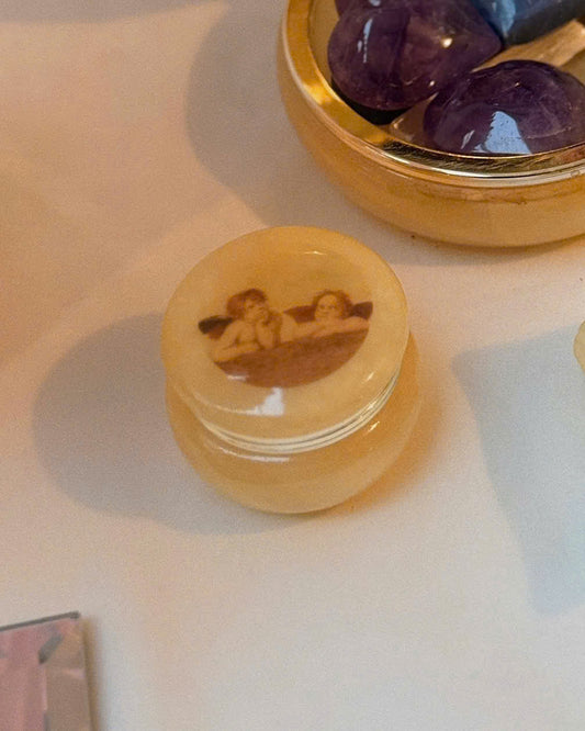 Alabaster Italy Jewelry Round Trinket Box Cherub Child Wing Gold Tone Trim Angel Read