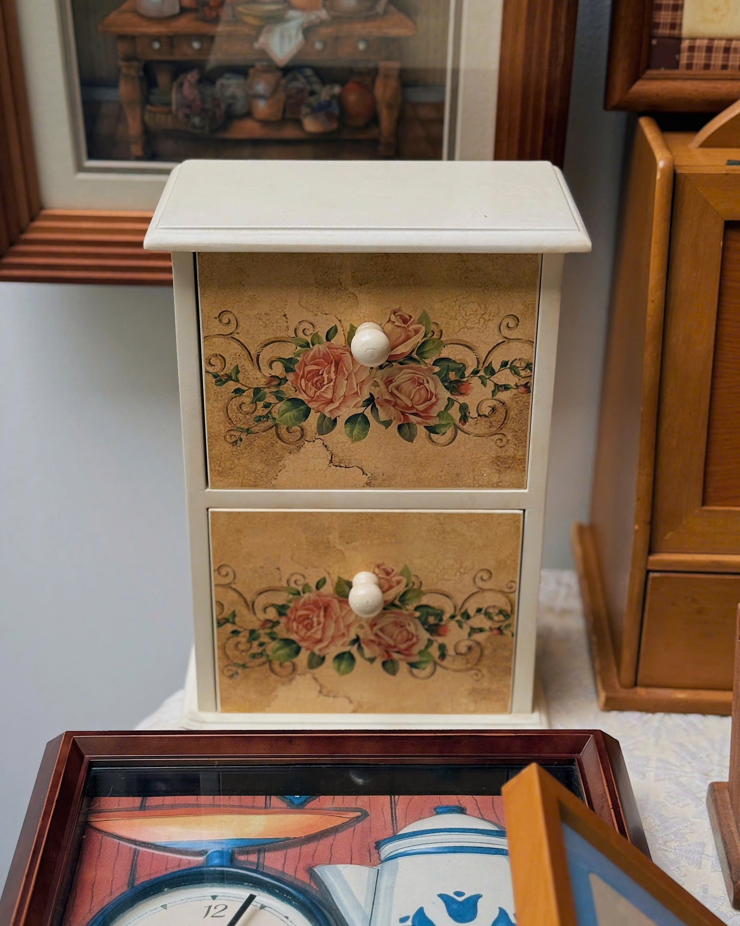 Vintage Rose Pattern Wooden Cabinet