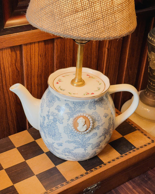 Vintage Blue Toile Teapot Lamp