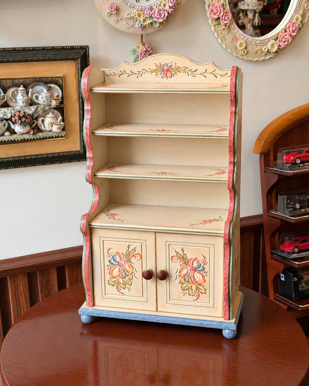 Vintage Hand-Painted Floral Hutch Cabinet