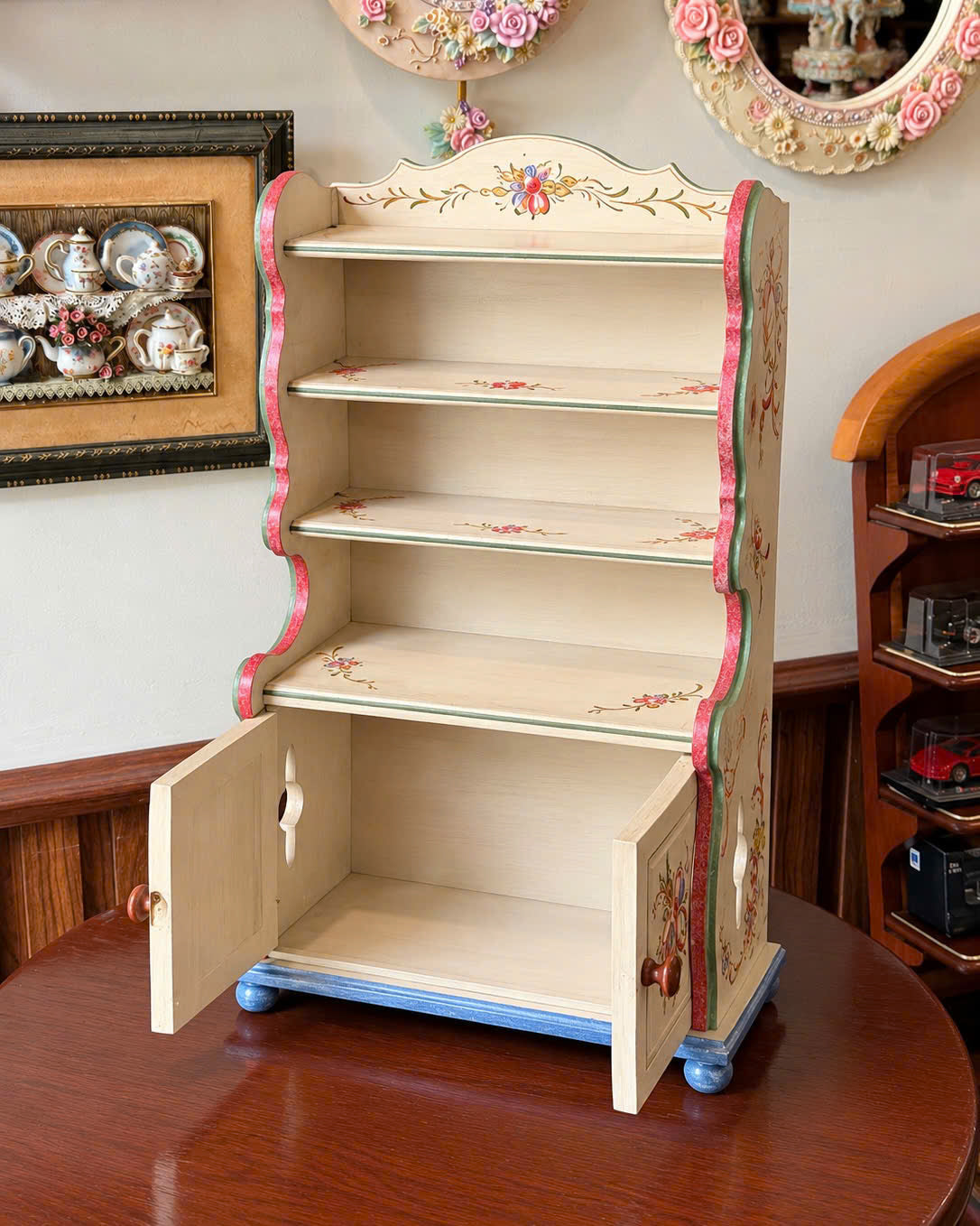 Vintage Hand-Painted Floral Hutch Cabinet