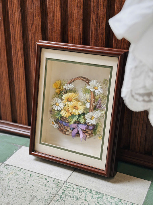 Vintage Flowers Basket Paper Tole Wooden Frame